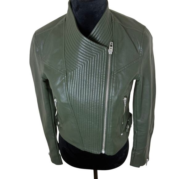 Blank NYC Jacket Womens Size XS Green Faux Leather Moto Zip - Picture 1 of 8